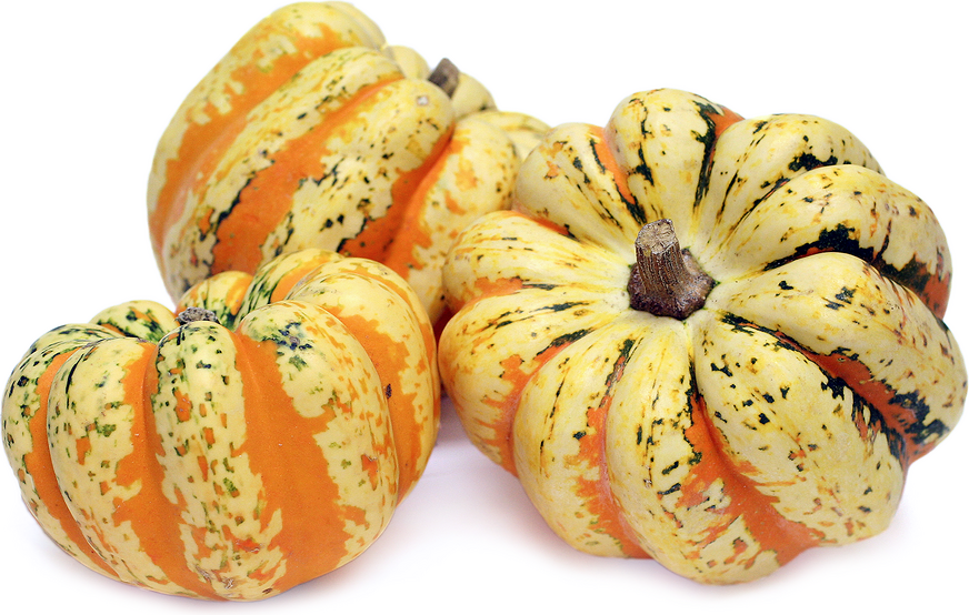 a large image of three carnival squash, they are mostly orange and white